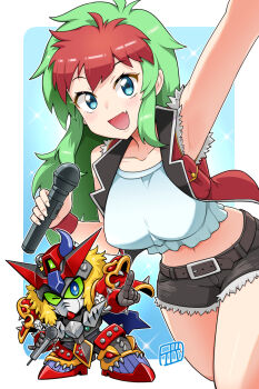 1girl :d arm_up armpits belt belt_buckle black_belt blue_eyes bowieknife breast_pocket breasts buckle chibi commentary_request cowboy_shot cutoffs fang green_hair gundam heavy_metal_gundam highres holding holding_microphone index_finger_raised jacket lapels large_breasts long_hair looking_at_viewer mecha micro_shorts microphone midriff mobile_suit multicolored_hair navel one_eye_closed open_clothes open_jacket open_mouth pocket red_hair red_jacket robot sd_command_chronicles sd_gundam shirt shorts signature skin_fang sleeveless sleeveless_jacket smile sparkle standing tron_(sd_command_chronicles) two-tone_hair v-fin white_shirt wristband
