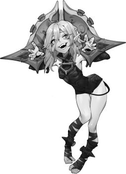 Rule 34 | 1girl, absurdres, bdsm, belt, bondage, bound, breasts, briar (league of legends), chen zi, full body, greyscale, hair between eyes, highres, league of legends, long hair, looking at viewer, monochrome, pointy ears, sharp teeth, sidelocks, simple background, small breasts, smile, solo, stirrup legwear, teeth, toeless footwear, toeless legwear, toenails, toes, vampire, wrist cuffs