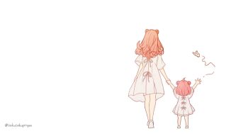 2girls anya&#039;s_mother_(spy_x_family) anya_(spy_x_family) arm_up artist_name bug butterfly child double_bun dress from_behind hair_bun highres insect long_hair mother_and_daughter multiple_girls sakusakupenpen short_hair short_sleeves simple_background spoilers spy_x_family white_background