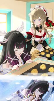 Rule 34 | 2girls, absurdres, bare shoulders, black hair, blue eyes, breasts, brown hair, closed eyes, columbina (genshin impact), commentary request, cookie, covering own mouth, detached collar, detached sleeves, dreaming, dress, eye mask, flower, food, frilled sleeves, frills, genshin impact, hand over own mouth, head wings, headdress, highres, holding, holding tray, long hair, long sidelocks, looking at another, lying, mask, medium breasts, multicolored hair, multiple girls, off-shoulder dress, off shoulder, on side, open mouth, oven mitts, purple hair, red flower, red rose, ribbon, rinmel9, rose, sandrone (genshin impact), sidelocks, sleeping, tray, vase, white dress, white ribbon, wings