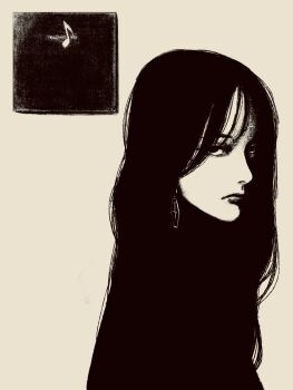 Rule 34 | 1girl, black hair, dvd case, from side, highres, long hair, looking at viewer, musical note, original, tp p pt, white background