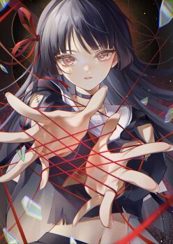 1girl absurdres arm_cutout black_hair black_shirt chigusa7h chisa_(wuthering_waves) chromatic_aberration clothing_cutout commentary crop_top fingernails glass_shards hair_ribbon highres long_hair looking_at_viewer midriff mole mole_under_eye navel outstretched_arms parted_lips red_eyes red_ribbon ribbon sailor_collar shirt solo tacet_mark_(wuthering_waves) upper_body white_sailor_collar wuthering_waves