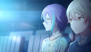 Rule 34 | 2boys, blonde hair, blue hair, blue shirt, blurry, blurry background, blurry foreground, closed mouth, colorful palette, deeper and deeper (project sekai), game cg, gradient hair, highres, kamishiro rui, male focus, multicolored hair, multiple boys, official art, orange eyes, profile, project sekai, purple hair, shirt, streaked hair, tenma tsukasa, third-party source