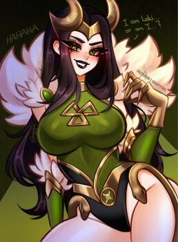1girl artist_name black_hair black_panties breasts english_text green_eyes green_shirt grin highres lady_loki large_breasts long_hair long_sleeves looking_at_viewer marvel marvel_rivals panties patreon_username shapy_wa shirt smile solo underwear