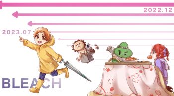 1046sstep_btoh 1boy 1girl abarai_ichika bag bleach bleach:_epilogue blue_pants boots braid braided_ponytail child commentary_request copyright_name food_in_mouth highres holding holding_bag kon_(bleach) kotatsu kurosaki_kazui mouth_hold orange_eyes orange_hair pants pointing purple_eyes raincoat red_hair rubber_boots scarf seaweed_ambassador single_braid table under_kotatsu under_table yellow_boots