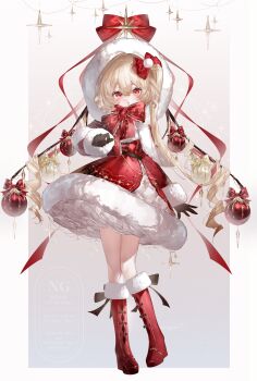 1girl :o absurdres alternate_costume alternate_wings black_bow black_gloves blonde_hair boots border bow capelet christmas christmas_ornaments commentary_request dress dress_bow drill_hair flandre_scarlet footwear_bow full_body fur-trimmed_boots fur-trimmed_capelet fur-trimmed_dress fur_trim gloves grey_background hair_bow hand_up highres hood hood_up hooded_capelet knee_boots long_hair long_sleeves looking_at_viewer parted_lips red_boots red_bow red_capelet red_dress red_eyes red_scarf scarf scarf_bow side_ponytail solo standing standing_on_one_leg touhou watermark white_border wings yukia_(yukia_777)