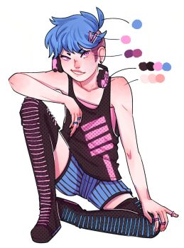 Rule 34 | 1girl, arm on knee, black boots, black tank top, blue hair, blue shorts, boots, color guide, commentary request, danganronpa (series), earrings, eyelashes, full body, hair ornament, hairclip, hand on own knee, headphones, headphones around neck, highres, jewelry, lattecos, multiple rings, original, pink eyes, portuguese commentary, ring, saigone hibiki (lattecos), short hair, shorts, simple background, sitting, smile, solo, tank top, undercut, very short hair, white background