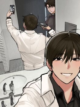 Rule 34 | 2boys, bathroom, black coat, black eyes, black hair, black shirt, blush, coat, collared shirt, grin, gun to head, highres, imminent suicide, keomikan, kim dokja, looking at viewer, male focus, meme, multiple boys, omniscient reader's viewpoint, open clothes, open coat, parody, popped collar, reflection, reflection focus, shirt, short hair, sink, smile, taking picture, upper body, white coat, yoo joonghyuk