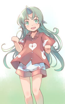 1girl :d blush buttons clenched_hand collared_shirt commentary_request fang feet_out_of_frame gradient_background green_background green_eyes green_hair horns knees komainu_ears komano_aunn long_hair looking_at_viewer no_fingers open_mouth rangycrow red_skirt shirt short_sleeves shorts single_horn skirt smile solo touhou white_shorts
