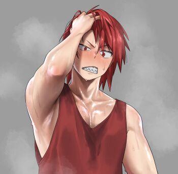 Rule 34 | 1boy, armpits, as (as21 00), blush, boku no hero academia, collarbone, commentary, hair down, hand in own hair, highres, kirishima eijiro, male focus, pectoral cleavage, pectorals, red eyes, red hair, red tank top, sharp teeth, shiny skin, solo, sweat, symbol-only commentary, tank top, teeth, toned, toned male, upper body