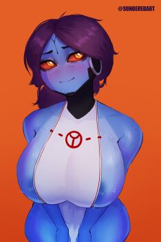 1girl absurdres alien areola_slip biting_own_lip blue_skin blush body_freckles borrowed_character breasts colored_sclera colored_skin commentary curvy english_commentary facing_viewer freckles highres huge_breasts k'ino_(tonka_kryga) long_hair naked_tabard no_nose orange_background orange_sclera original purple_hair sideboob solo sundered_(artist) sweat t'au tabard twitter_username v_arms warhammer_40k white_tabard yellow_eyes