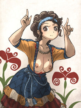 1girl blue_headband breasts breasts_out brown_eyes brown_hair closed_mouth commentary cowboy_shot dress english_commentary flower headband highres ironlily jewelry looking_at_viewer medium_breasts minoan_clothes mole mole_on_breast multicolored_dress necklace nipples original pointing pointing_up red_flower rope_belt short_hair short_sleeves simple_background solo white_background