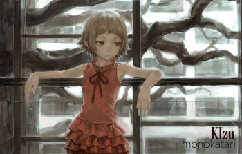 1girl absurdres arched_bangs bare_arms bare_shoulders blonde_hair blunt_bangs blush closed_mouth dress highres kizumonogatari looking_to_the_side monogatari_(series) oshino_shinobu pointy_ears red_dress red_eyes short_hair sleeveless sleeveless_dress solipsist solo vampire