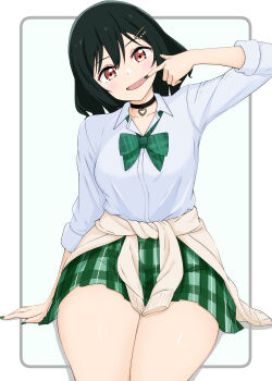 1girl :d absurdres black_choker black_hair bow bowtie breasts cardigan cardigan_around_waist choker clothes_around_waist collared_shirt commentary_request dress_shirt fang finger_in_own_mouth green_bow green_bowtie green_nails green_skirt gyaru gyarugasaki hair_ornament hairclip heart_pendant highres kogal kurono_(pixiv1905129) looking_at_viewer loose_bowtie love_live! love_live!_nijigasaki_high_school_idol_club medium_breasts medium_hair mifune_shioriko miniskirt official_alternate_costume open_mouth orange_eyes parallel_hairclips plaid_bow plaid_bowtie plaid_clothes plaid_skirt pleated_skirt school_uniform shirt sitting skirt smile solo star_(symbol) star_hair_ornament thick_thighs thighs white_background white_cardigan white_shirt