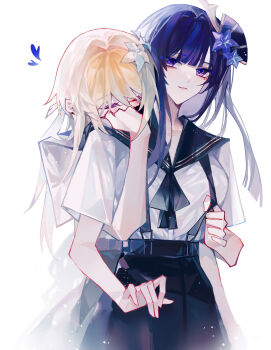 Rule 34 | 2girls, absurdres, alternate costume, black neckerchief, black skirt, blonde hair, blunt bangs, blunt ends, blush, closed eyes, commentary, contemporary, english commentary, flower, genshin impact, hair flower, hair intakes, hair ornament, hand on another's shoulder, heart, highres, hug, hug from behind, japanese clothes, long hair, looking at another, lumine (genshin impact), multiple girls, neckerchief, parted lips, purple eyes, purple hair, raiden shogun, sailor collar, scarlett (artist), school uniform, serafuku, shirt, simple background, skirt, standing, suspender skirt, suspenders, suspenders pull, upper body, white background, white shirt, yuri