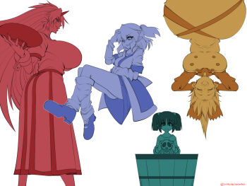 4girls arm_warmers breasts bucket commentary_request cup dress full_body hair_bobbles hair_ornament holding holding_cup holding_skull horns hoshiguma_yuugi huge_breasts in_bucket in_container kisume kurodani_yamame large_breasts long_hair long_sleeves looking_at_another loose_socks mary_janes medium_breasts mizuhashi_parsee multiple_girls multiple_monochrome nekokokazuma one_eye_closed open_mouth pinafore_dress pointy_ears ponytail sakazuki shirt shoes short_hair short_ponytail simple_background single_horn skirt skull sleeveless sleeveless_dress smile socks touhou two_side_up white_background wooden_bucket
