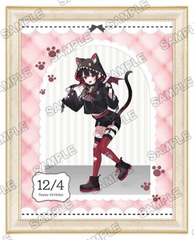 Rule 34 | 1girl, animal hood, bell, belt, black choker, black gloves, black hair, black jacket, black shoes, black shorts, blush, cat hood, choker, chomusuke, cropped jacket, dated, demon wings, fang, fingerless gloves, full body, gloves, hands up, happy birthday, hood, hood up, hooded jacket, jacket, kono subarashii sekai ni shukufuku wo!, legwear garter, long sleeves, looking at viewer, megumin, merchandise available, mishima kurone, neck bell, official art, open mouth, paw pose, red thighhighs, sample watermark, shoes, shorts, smile, solo, standing, standing on one leg, thigh belt, thigh strap, thighhighs, torn clothes, torn thighhighs, two-sided hood, watermark, wide sleeves, wings
