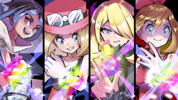 4girls black_dress black_hair black_shirt blonde_hair blue_eyes bow breasts brown_hair cape cynthia_(pokemon) dress glasses hair_bow hat highres inana_umi lipstick long_hair makeup may_(pokemon) medium_breasts mega_evolution mega_evolution_symbol mega_stone multiple_girls nintendo open_mouth parted_lips pokemon pokemon_(anime) pokemon_journeys pokemon_oras pokemon_xy red_eyes red_shirt red_skirt serena_(pokemon) shirt short_hair skirt smile zinnia_(pokemon)