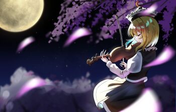 Rule 34 | 1girl, black hat, black skirt, black vest, blurry, blurry foreground, brown hair, cherry blossoms, closed eyes, commentary, crescent, crescent hat ornament, depth of field, falling petals, full moon, hat, hat ornament, highres, instrument, juliet sleeves, long sleeves, lunasa prismriver, moon, music, night, outdoors, petals, playing instrument, profile, puffy sleeves, shirt, skirt, skirt set, sky, solo, touhou, vest, violin, white shirt, yabuhebi1067