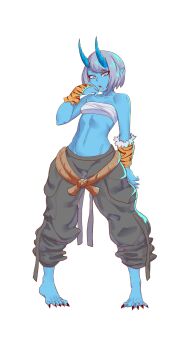 1girl absurdres animal_print barefoot black_pants blue_eyes blue_horns blue_skirt breasts bridal_gauntlets chest_sarashi commentary commission earrings english_commentary grey_hair hectaryecgaa highres horns jewelry leaning_back multiple_earrings navel_piercing oni original pants piercing pointy_ears sarashi sharp_toenails short_hair single_bridal_gauntlet skirt small_breasts solo tiger_print toenails