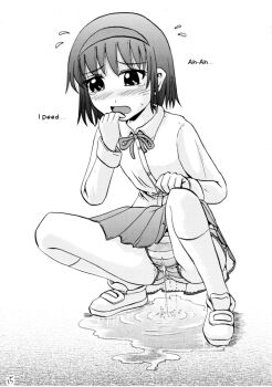 1girl blush crotch_seam embarrassed flat_chest flying_sweatdrops hairband hand_to_own_mouth homare_(suzu_no_oka) loli looking_down monochrome neck_ribbon open_mouth original panties peeing peeing_self puddle ribbon school_uniform shirt shoes short_hair short_sleeves skirt socks squatting striped_clothes striped_panties tears underwear wet wet_clothes wet_panties