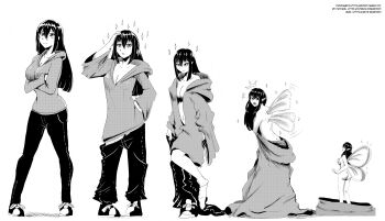 1girl absurdres ass breasts butt_crack cleavage commentary commission covering_breasts covering_privates english_commentary fairy fairy_wings greyscale growing_out_of_body hair_behind_ear hair_between_eyes hand_on_own_head highres hood hoodie long_hair looking_at_viewer looking_back looking_down looking_up medium_breasts monochrome mporci navel nude original pointy_ears sequential shoes shrinking sneakers socks surprised transformation wings