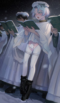 4boys ballet_boots bdsm black_shoes blue_eyes blush bondage book bound bound_ankles bound_thighs breath chain chained choir christmas cold collar colored_eyelashes commentary_request crotchless crotchless_pants curtained_hair dutch_angle engell_(hakuyagen) exhibitionism frilled_anklet frilled_shirt frills full_body green_ribbon hakuyagen_(yoronbi) hat hat_ribbon high_heels highres holding holding_book humiliation male_focus medium_hair metal_collar multiple_boys music night open_book open_mouth orgasm_denial original outdoors pants parted_bangs platform_heels public_indecency reading ribbon robe shirt shoes shota sidelocks singing slave snow snowing solo_focus standing teeth temperature_play testicles upper_teeth_only white_hat white_pants white_robe wide_sleeves
