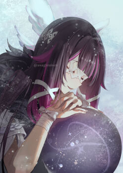 1girl asagizuisen bandaged_arm bandages black_hair closed_eyes columbina_(genshin_impact) eye_mask feathered_wings from_side genshin_impact hashtag-only_commentary head_wings highres long_hair mask multicolored_hair multiple_wings open_mouth purple_hair see-through_clothes see-through_mask smile snowing solo two-tone_hair watermark white_mask white_wings wings wrist_bow x-shaped_eyewear