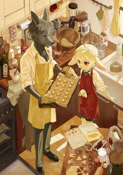 2boys absurdres ahoge animal_ears animal_nose apron baking black_bow black_bowtie black_hair black_shoes body_fur bow bowtie cookie flour food furry furry_male garlic german_text highres holding holding_tray indoors katamuki kitchen kitchen_scale light_particles male_focus mixing_bowl moka_pot multiple_boys original oven oven_mitts rabbit_boy rabbit_ears red_apron red_eyes rolling_pin shirt shoes sink sleeves_rolled_up spoon standing tail tray weighing_scale whisk white_hair white_shirt wolf_boy wolf_tail wooden_floor wooden_spoon yellow_apron yellow_eyes