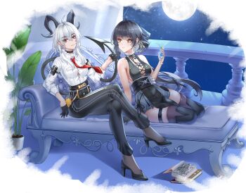 2girls absurdres armband bare_shoulders black_armband black_boots black_bow black_dress black_gloves black_hair black_horns black_shoes black_tail black_thighhighs book boots bow button_gap collared_shirt colored_inner_hair commentary couch cross-laced_clothes cross-laced_dress crossed_legs cup curled_horns demon_tail dress drinking_glass drinking_straw earrings female_rover_(wuthering_waves) full_moon gloves grey_hair hair_bow hair_ribbon hand_up high_heels highres holding holding_cup horns jewelry key_earrings latehong long_hair looking_at_another looking_at_viewer moon multicolored_hair multiple_girls necktie on_couch parted_lips pelvic_curtain red_eyes red_necktie ribbon rover_(wuthering_waves) shirt shoes sitting sleeveless sleeveless_dress tail thigh_boots thighhighs thighhighs_under_boots thighs white_hair white_shirt wuthering_waves yellow_eyes yellow_ribbon yokozuwari zani_(wuthering_waves)