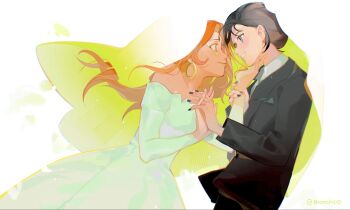 2girls :d artist_name black_hair black_jacket black_nails black_pants black_vs_white blue_eyes branchii4 bridal_veil bride chinese_commentary closed_mouth commentary_request couple dress earrings eye_contact face-to-face female_focus groom highres holding_another&#039;s_wrist holding_hands hoop_earrings interlocked_fingers jacket jewelry kininatteru_hito_ga_otoko_ja_nakatta koga_mitsuki lapels long_hair looking_at_another multiple_girls oosawa_aya open_mouth orange_eyes orange_hair pants reverse_trap shirt short_hair smile strapless strapless_dress suit_jacket tuxedo veil wedding_dress white_dress white_shirt wife_and_wife yuri