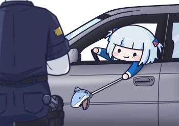 1girl 1other absurdres ass belt black_eyes blue_hair blue_shirt blunt_bangs blush_stickers car chibi closed_mouth commentary from_behind gawr_gura gawr_gura_(1st_costume) grabber_tool grey_hair gun hair_ornament handgun hashtag-only_commentary hat highres holding hololive hololive_english holster holstered motor_vehicle multicolored_hair open_mouth phdpigeon police police_uniform shark_hair_ornament sharp_teeth shirt short_sleeves simple_background smile smol_gura solid_circle_eyes solo_focus streaked_hair teeth thigh_holster traffic_stop two_side_up virtual_youtuber weapon white_background