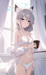 Rule 34 | 1girl, absurdres, animal ears, aqua eyes, blue archive, blush, bow, bow bra, bow panties, bra, breasts, cleavage, clothes pull, collarbone, cup, curtains, grey hair, halo, highres, holding, holding cup, indoors, looking at viewer, navel, open clothes, open shirt, panties, shiroko (blue archive), shirt, shirt pull, small breasts, solo, thighhighs, underwear, usagi (786113654), white bra, white panties, white shirt, window, wolf ears