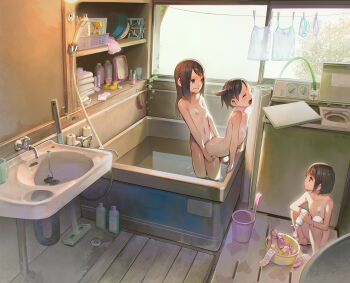 3girls anal_beads bath bathroom bathtub breasts brown_eyes brown_hair bucket closed_eyes clothes_pin clothesline condom condom_packet_strip condom_wrapper dildo doggystyle egg_vibrator green_theme grin hands_on_another's_hips heart heart_print highres indoors kodomo_doushi laundry leaning_forward loli long_hair looking_at_another mirror muk_(monsieur) multiple_girls navel nipples nude open_mouth original panties roomscape same-sex_bathing sex sex_from_behind sex_toy shampoo shared_bathing short_hair shower_head small_breasts smile squatting standing standing_sex sunlight textless_version top-load_washing_machine underwear unworn_clothes unworn_panties vibrator wading washing_machine window wooden_floor yuri