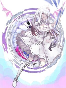 Rule 34 | 1girl, blue eyes, blush, boots, breasts, cleavage, clock, clock eyes, clockwork, date a live, date a live: date a bullet, dress, frilled garter belt, gloves, heterochromia, highres, large breasts, long hair, long sleeves, looking at viewer, military uniform, red eyes, saint laurent paris, silver gloves, simple background, smile, solo, symbol-shaped pupils, twintails, white background, white boots, white dress, white gloves, white hair, white queen (date a live)