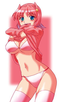 Rule 34 | aqua eyes, bikini, clothes lift, hibino aki, multicolored hair, original, pink bikini, pink hair, shirt lift, short hair, solo, sweater, sweater lift, swimsuit, thighhighs, two-tone hair, yonecchi