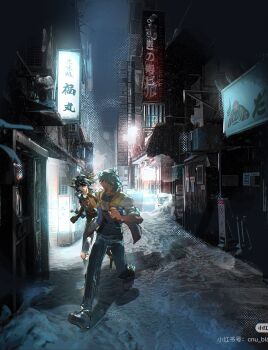 Rule 34 | 2boys, 99ki5, alley, black boots, black hair, black shirt, blue coat, blue hair, boots, brown gloves, bruno (yu-gi-oh!), building, city, city lights, clenched hands, coat, elbow gloves, facing another, facing to the side, footprints, fudo yusei, gloves, grabbing another's hand, grey pants, grey sky, hair over one eye, hair slicked back, highres, industrial pipe, light particles, looking at another, looking back, male focus, multiple boys, night, open clothes, open coat, outdoors, overcast, pants, running, shirt, sign, sky, sleeves rolled up, snow, spiked hair, turning head, watermark, white coat, winter, yu-gi-oh!, yu-gi-oh! 5d's