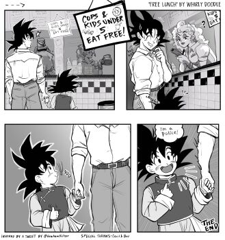 1girl 2boys artist_name belt bracelet chinese_clothes coffee_pot comic commentary curly_hair dragon_ball dragon_ball_super employee_uniform english_commentary english_text eyeshadow fast_food_uniform father_and_son greyscale grin hand_grab highres jewelry lipstick makeup monochrome multiple_boys open_mouth pointing pointing_at_self sign smile son_goku son_goten thumbs_up waitress whirlydoodle