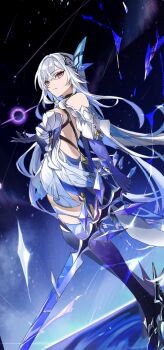 1girl bare_shoulders breasts chest_harness commentary crossed_bangs crystal dress expressionless floating_hair full_body genshin_impact grey_hair hair_between_eyes hair_ornament harness hashtag-only_commentary highres holding holding_sword holding_weapon long_hair looking_at_viewer medium_breasts night night_sky prosthesis prosthetic_arm prosthetic_leg red_eyes situki skirk_(genshin_impact) sky solo sword symbol-only_commentary weapon white_dress