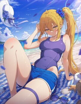 1girl absurdres akita_neru beach blonde_hair blue_flower blue_one-piece_swimsuit blue_shorts blue_sky breasts cloud commission commissioner_upload day dolphin_shorts earrings expressionless flower gold_earrings hat highres hoop_earrings horizon jewelry long_hair medium_breasts new_school_swimsuit non-web_source ocean one-piece_swimsuit outdoors pantyhose pixiv_commission scallop school_swimsuit shorts side_ponytail sitting sky solo starfish sunglasses swimsuit swimsuit_under_clothes thighband_pantyhose unworn_eyewear unworn_headwear vocaloid white_hat xiayou_sieg yellow_eyes