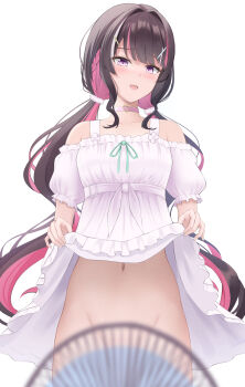 1girl :d azki_(hololive) azki_(yurufuwa_casual)_(hololive) black_hair blunt_bangs blurry blurry_foreground blush braid choker collarbone colored_inner_hair commentary_request convenient_censoring dress electric_fan empire_waist fanning_crotch frilled_dress frills hair_ornament hairclip highres hololive lifting_own_clothes long_hair low_twintails multicolored_hair navel no_panties off-shoulder_dress off_shoulder official_alternate_costume official_alternate_hairstyle open_mouth partial_commentary pink_choker pink_hair puffy_short_sleeves puffy_sleeves purple_eyes seriponpoyon short_sleeves side_braid sidelocks simple_background smile solo streaked_hair twintails very_long_hair virtual_youtuber white_background white_dress white_hair x_hair_ornament