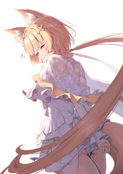 1girl absurdres animal_ear_fluff animal_ears arms_behind_back ass back_bow blonde_hair blue_eyes blush bow cowboy_shot cross_hair_ornament dress frilled_dress frills hair_ornament half-closed_eyes highres karadborg long_hair long_sleeves looking_at_viewer low_twintails original panties parted_lips see-through_clothes see-through_dress simple_background smile solo tail twintails underwear upskirt very_long_hair white_background white_bow white_dress white_panties