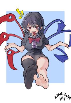 Rule 34 | 1girl, absurdres, barefoot, black hair, black thighhighs, feet, highres, houjuu nue, kingdom (user ysav4824), looking at viewer, medium hair, open mouth, pointy ears, red eyes, single thighhigh, soles, thighhighs, toes, tongue, tongue out, touhou