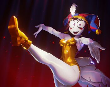 1girl 3d absurdres bare_legs blue_eyes breasts brown_hair colored_skin commentary covered_navel dancing dotflare embarrassed english_commentary feather-trimmed_leotard gold_leotard hat hat_bell highres jester jester_cap leg_up leotard looking_at_viewer multicolored_eyes official_alternate_costume pomni_(the_amazing_digital_circus) red_eyes short_hair small_breasts smile standing standing_on_one_leg strapless strapless_leotard striped_clothes striped_headwear the_amazing_digital_circus thighs two-tone_eyes vertical-striped_clothes vertical-striped_headwear white_skin