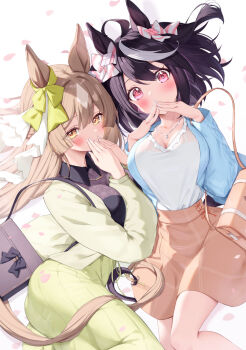 2girls ahoge alternate_costume animal_ears black_hair blush breasts brown_hair cleavage commentary_request highres horse_ears horse_girl jewelry kitasan_black_(umamusume) large_breasts long_hair looking_at_viewer multicolored_hair multiple_girls necklace red_eyes saboten_mushi satono_diamond_(umamusume) streaked_hair umamusume