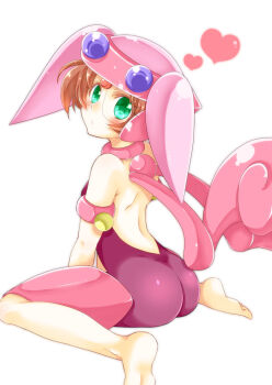 Rule 34 | 1girl, asagi marin, ass, backless outfit, barefoot, blush, brigadoon, brown hair, choker, cosplay, erin garnet, erin garnet (cosplay), glasses, green eyes, heart, leotard, looking at viewer, looking back, pink choker, shino-o, short hair, simple background, sitting, solo, wariza, white background