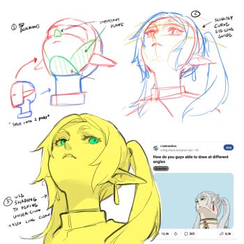 Rule 34 | 1girl, absurdres, arrow (symbol), bilingual commentary, capelet, commentary, cropped shoulders, earrings, elf, english commentary, english text, frieren, hair over shoulder, head back, highres, how to, jewelry, limited palette, long pointy ears, looking up, mixed-language commentary, parted bangs, parted lips, patipat asavasena, pointy ears, reference inset, simple background, sousou no frieren, teardrop earrings, thai commentary, upper body, upward angle frieren drawing (meme), white background