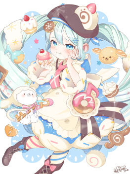 1girl 1other absurdres apron aqua_eyes aqua_hair blue_bow blue_dress blue_sleeves blue_thighhighs blush boots bow bowtie bright_pupils brown_hat closed_mouth collared_dress commentary_request dessert detached_sleeves double-parted_bangs dress dress_bow eating food food-themed_clothes food-themed_hat_ornament food_bite food_on_face footwear_bow frilled_apron frills fur-trimmed_dress fur-trimmed_sleeves fur_trim hair_between_eyes hair_ornament hand_on_own_cheek hand_on_own_face hat hat_ornament hatsune_miku highres holding holding_food long_hair long_sleeves medium_dress mismatched_thighhighs musical_note-themed_food natsu-984522 necktie official_alternate_costume official_alternate_hairstyle pink_bow pink_bowtie pink_necktie puffy_short_sleeves puffy_sleeves rabbit rabbit_yukine short_sleeves sleeve_bow snowflake_print snowflakes striped_clothes thighhighs twintails two-tone_sleeves very_long_hair vocaloid wavy_hair white_apron white_bow white_rabbit_(animal) white_sleeves wide_sleeves yuki_miku yuki_miku_(2026)
