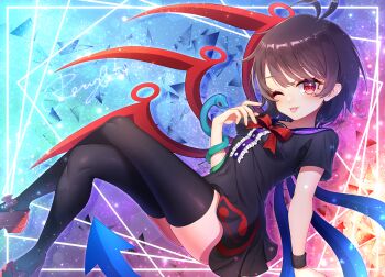 1girl alternate_ears antenna_hair asymmetrical_wings black_dress black_hair black_thighhighs blue_wings blush bow bowtie breasts buttons center_frills closed_mouth commentary_request covered_navel crossed_legs dress footwear_bow frilled_dress frills full_body highres houjuu_nue looking_at_viewer mary_janes multicolored_background one_eye_closed red_bow red_bowtie red_eyes red_shoes red_wings sea_scorpion_(umisasori) shoes short_dress short_hair short_sleeves sitting small_breasts smile snake solo star_(symbol) star_symbol_background thighhighs tomoe_(symbol) tongue tongue_out touhou wings wristband zettai_ryouiki