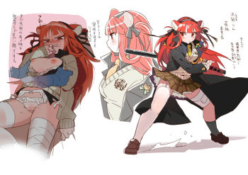 1girl animal_ears bandaged_leg bandages black_coat black_hairband black_shirt blush bra breasts breasts_out brown_shoes clenched_teeth closed_mouth coat collared_shirt commentary_request disembodied_hand garter_straps hairband holding holding_weapon large_breasts long_hair long_sleeves miniskirt multiple_views necktie nipples nose_blush open_clothes open_coat original panties plaid_clothes plaid_skirt pleated_skirt red_eyes red_hair sharp_teeth shirt shoes simple_background single_garter_strap single_thighhigh skirt sweat sweater_vest teeth thighhighs underwear weapon white_bra white_panties yellow_necktie yutaka7
